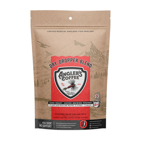 Angler's Coffee - Dry Dropper Single Serve - Fresh Brew Coffee Pouch 10 Pack - Pacific Flyway Supplies