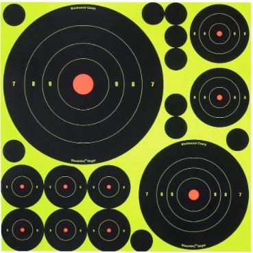 Birchwood Casey 34018 Shoot-N-C Variety Pack Self-Adhesive Paper Bullseye Yellow Target Paper w/Black Target & Red Accents 5 Per Pack - Pacific Flyway Supplies