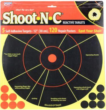 Birchwood Casey 34032 Shoot-N-C Handgun Trainer Self-Adhesive Paper 12" Circle Yellow Target Paper w/Black Target & Red Accents 5 Per Pack - Pacific Flyway Supplies