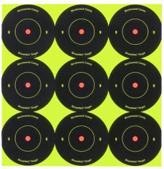 Birchwood Casey 34210 Shoot-N-C Self-Adhesive Paper 2" Bullseye Yellow Target Paper w/Black Target & Red Accents 12 Per Pack - Pacific Flyway Supplies