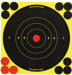 Birchwood Casey 34512 Shoot-N-C Self-Adhesive Paper 6" Bullseye Yellow Target Paper w/Black Target & Red Accents 12 Per Pack - Pacific Flyway Supplies