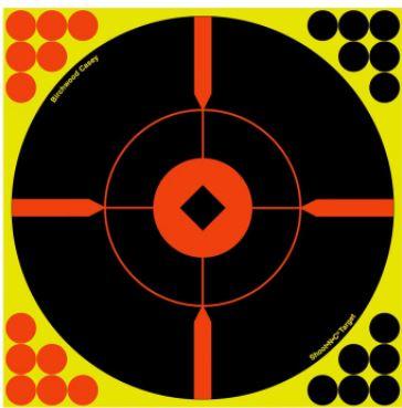 Birchwood Casey 34806 Shoot-N-C Bull's-Eye BMW Self-Adhesive Paper 8" Bullseye Yellow Target Paper w/Black Target & Red Accents 6 Per Pack - Pacific Flyway Supplies