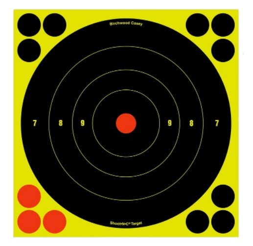 Birchwood Casey Shoot-N-C Self-Adhesive Paper 8" Bullseye Yellow Target Paper w/Black Target & Red Accents 30 Per Pack - Pacific Flyway Supplies