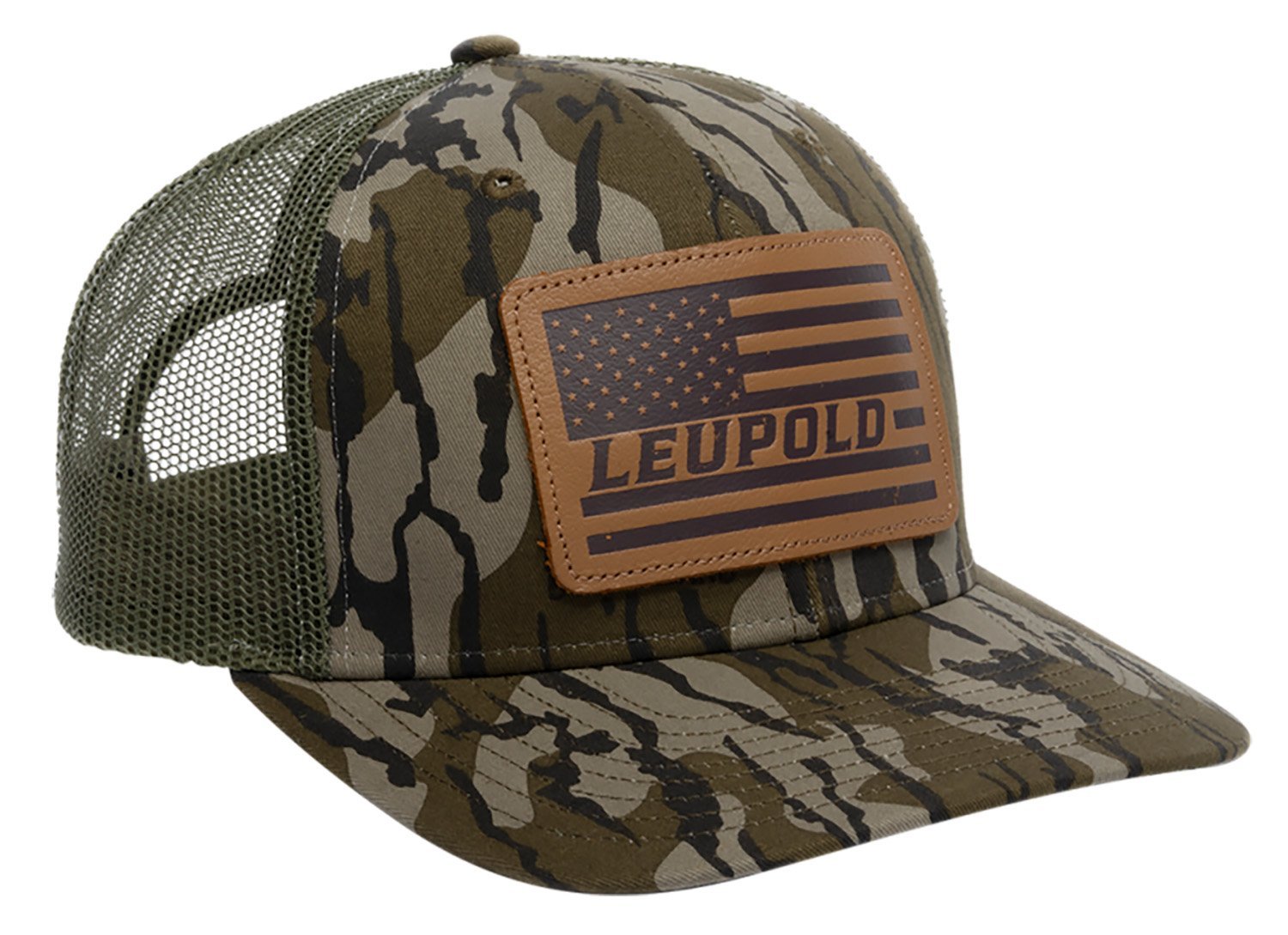 Leupold Leather Flag Trucker Hat Bottomland Camo/Green OSFA - Pacific Flyway Supplies