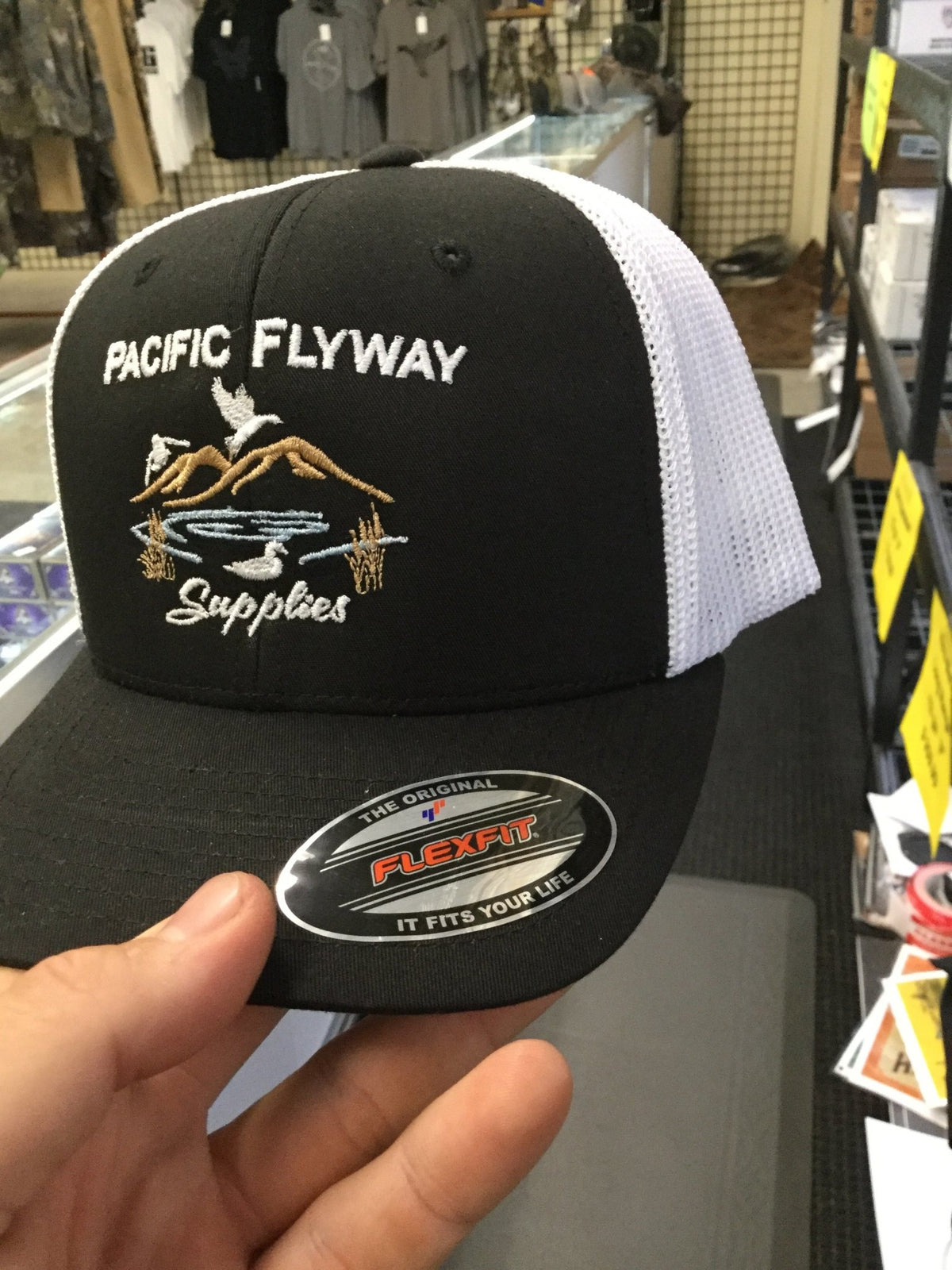 Pacific Flyway Supplies Logo Mesh Back Flex Fit Hat Black/White - Pacific Flyway Supplies