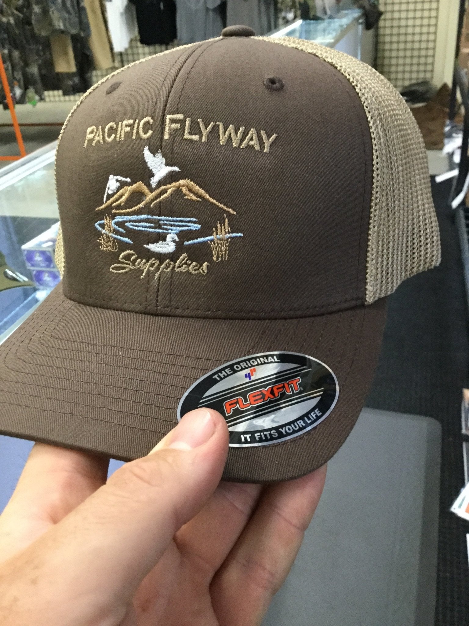 Pacific Flyway Supplies Logo Mesh Back Flex Fit Hat Brown/Tan - Pacific Flyway Supplies