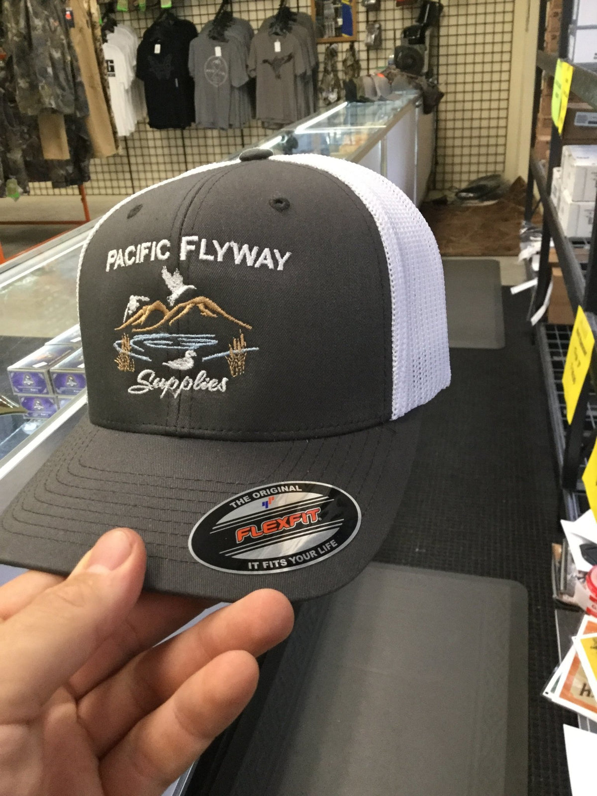 Pacific Flyway Supplies Logo Mesh Back Flex Fit Hat Charcoal/White - Pacific Flyway Supplies